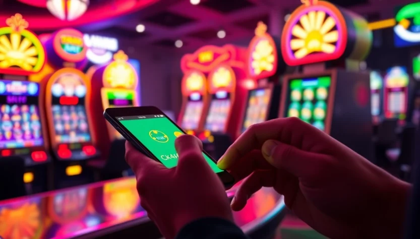 Placing a ck4444 bet on a mobile device with flashing slot machines and lively casino ambiance, emphasizing online betting excitement.