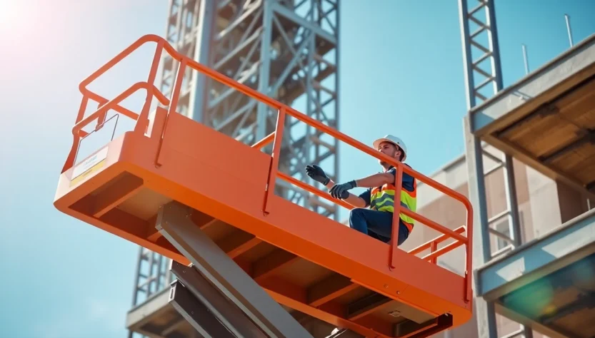 Stunning image showcasing a scissor lift rental in action at a construction site, emphasizing safety and reliability for elevated work.