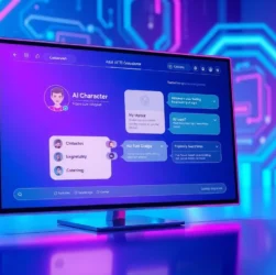 Futuristic chatbot interface with customizable AI avatar in a neon-lit digital environment.