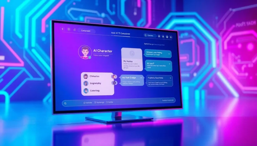 Futuristic chatbot interface with customizable AI avatar in a neon-lit digital environment.