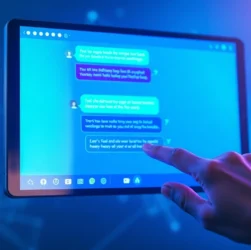 A person using a futuristic AI chatbot platform on a tablet, with vibrant chat bubbles and sleek digital interface.