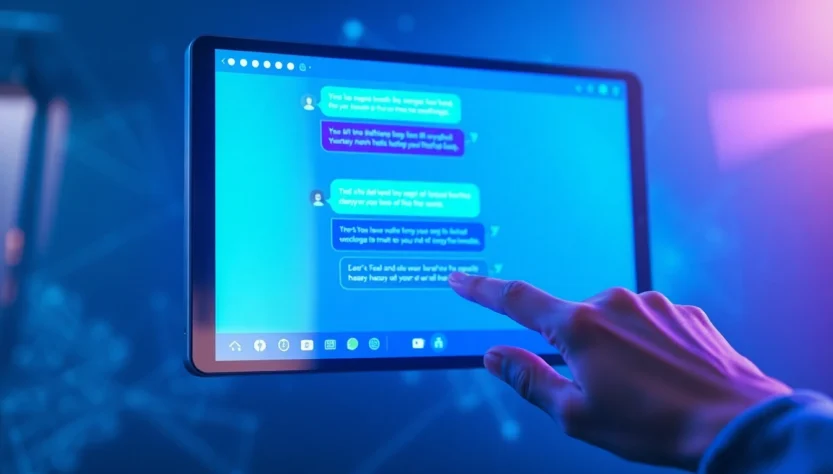 A person using a futuristic AI chatbot platform on a tablet, with vibrant chat bubbles and sleek digital interface.