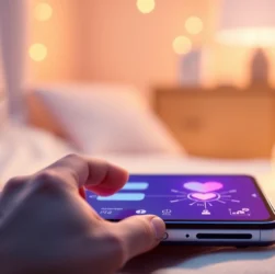 Close-up of a user interacting with a sleek AI chatbot interface on a modern device in a cozy environment.