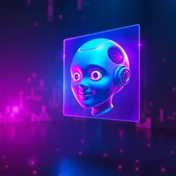 Futuristic digital scene with a holographic AI character in a neon-lit high-tech environment
