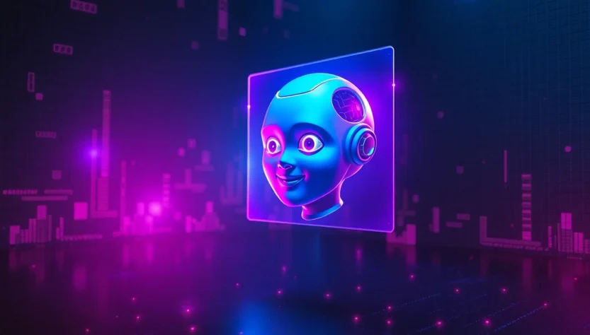 Futuristic digital scene with a holographic AI character in a neon-lit high-tech environment