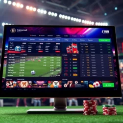 Digital illustration of an online sportsbook and casino platform with sports arena background and betting elements.