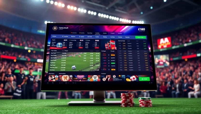 Digital illustration of an online sportsbook and casino platform with sports arena background and betting elements.