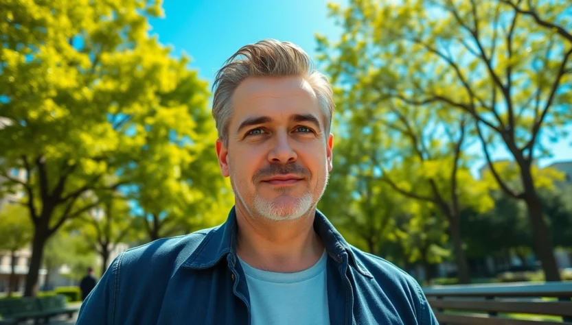Attractive middle-aged man standing confidently in a sunny park, embodying the DILF persona.