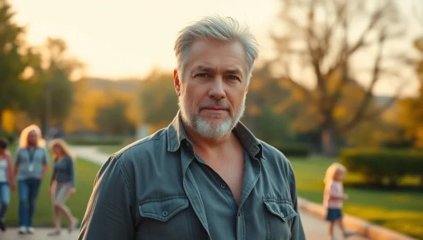 An attractive mature man outdoors during golden hour, with rugged features and confident stance.