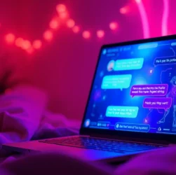 Futuristic digital chat interface with vibrant neon colors and a user interacting with an AI character on a high-tech screen.