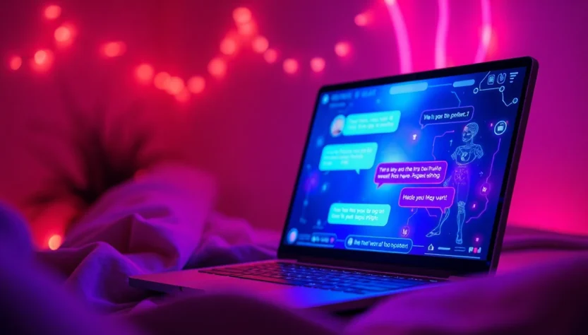 Futuristic digital chat interface with vibrant neon colors and a user interacting with an AI character on a high-tech screen.