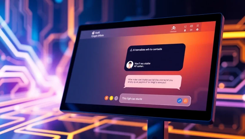 Close-up of a user interacting with a customizable AI chatbot on a digital screen with vibrant and futuristic design elements.