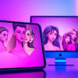 Futuristic AI chat interface with attractive characters on screens with neon lighting