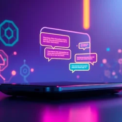 An advanced digital chatbot interface on a modern device with holographic chat bubbles, glowing circuits, and a futuristic background.