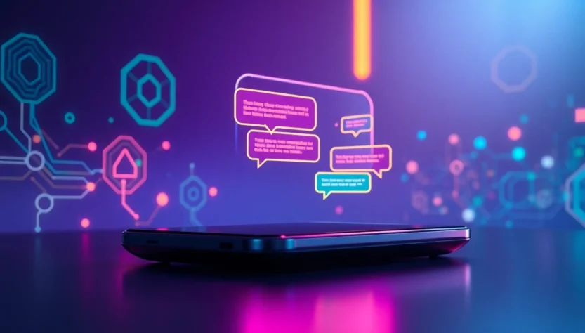 An advanced digital chatbot interface on a modern device with holographic chat bubbles, glowing circuits, and a futuristic background.