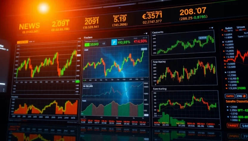 Stocks and Shares News update featuring stock charts, gold records, and currency trends for