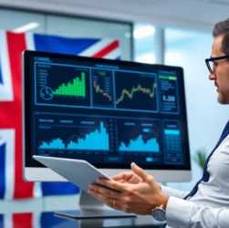 Expert provides Investment Advice UK to clients with financial charts and UK flag in background