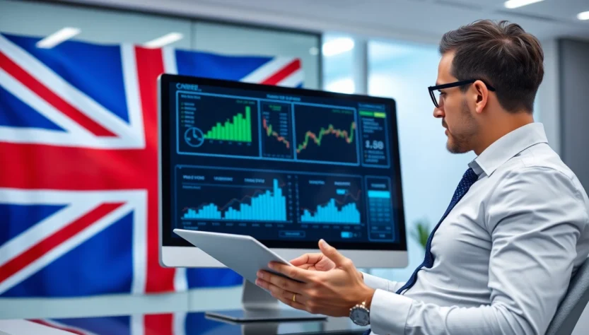 Expert provides Investment Advice UK to clients with financial charts and UK flag in background