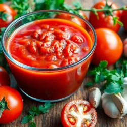 Close-up of tangy tomato sauce in a glass bowl with fresh tomatoes and herbs, emphasizing rich