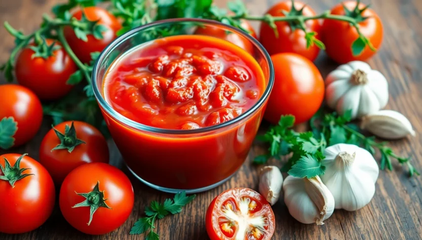 Close-up of tangy tomato sauce in a glass bowl with fresh tomatoes and herbs, emphasizing rich